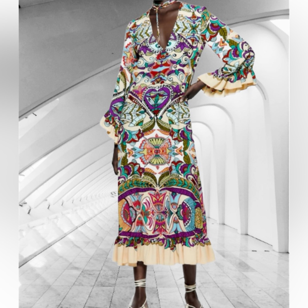 Zara Ruffle Kaftan Style Maxi - Picture 2 of 10